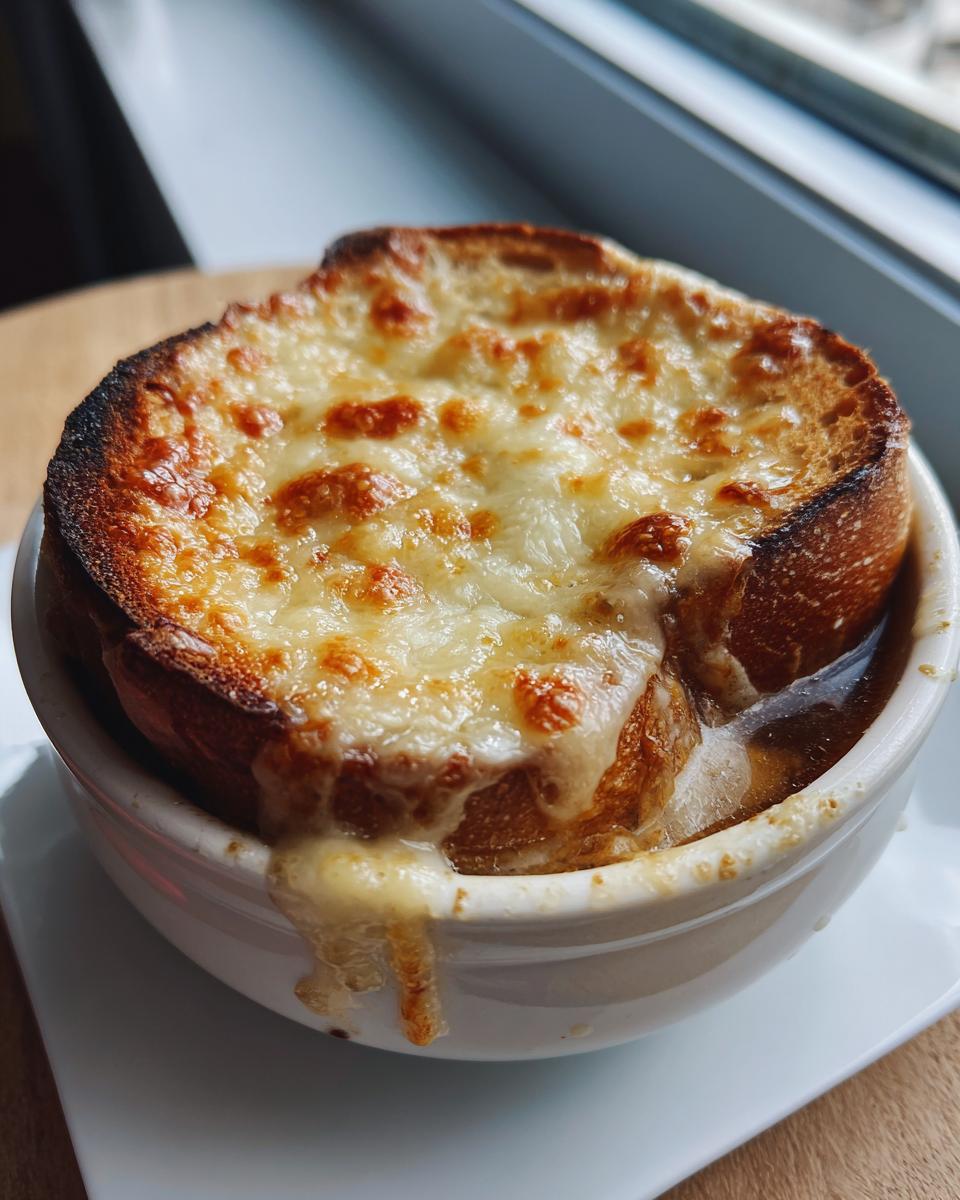 Close-up of a bowl of french onion soup topped with a thick layer of melted, browned cheese over toasted bread.