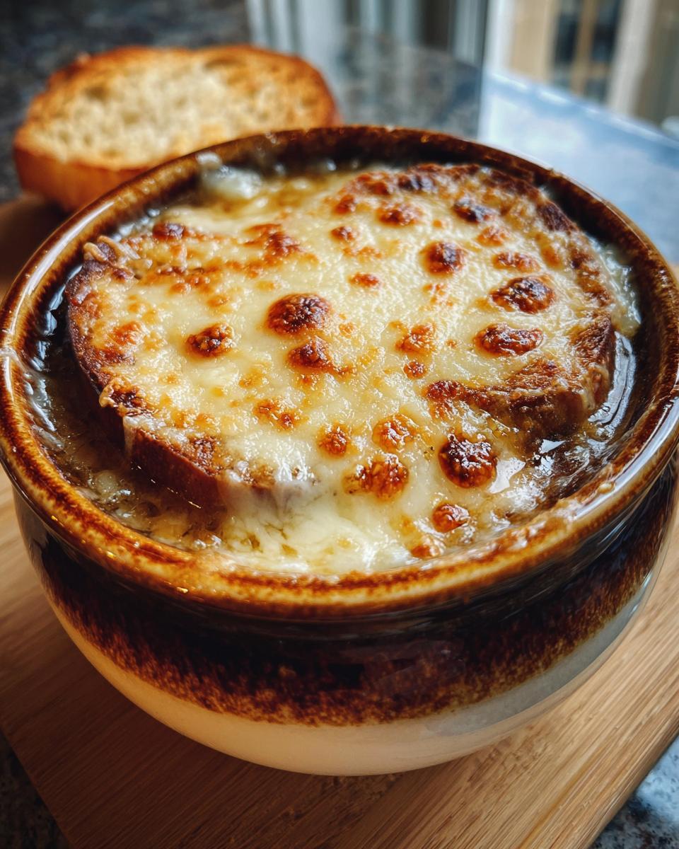 Close-up of a steaming bowl of French onion soup topped with a thick layer of browned, melted cheese over crouton.
