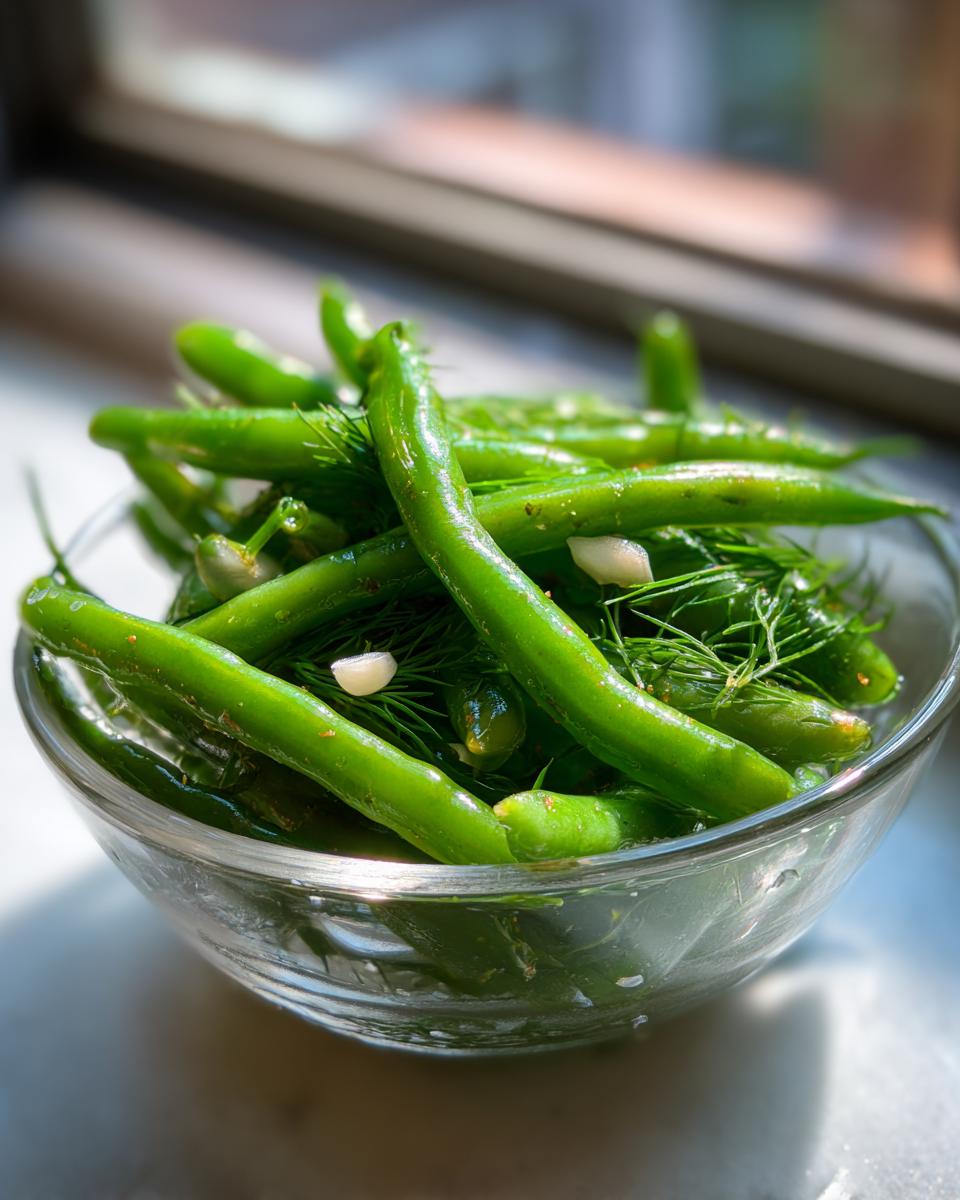 Close-up of bright green, crisp dilly beans mixed with fresh dill and garlic cloves in a clear glass bowl.