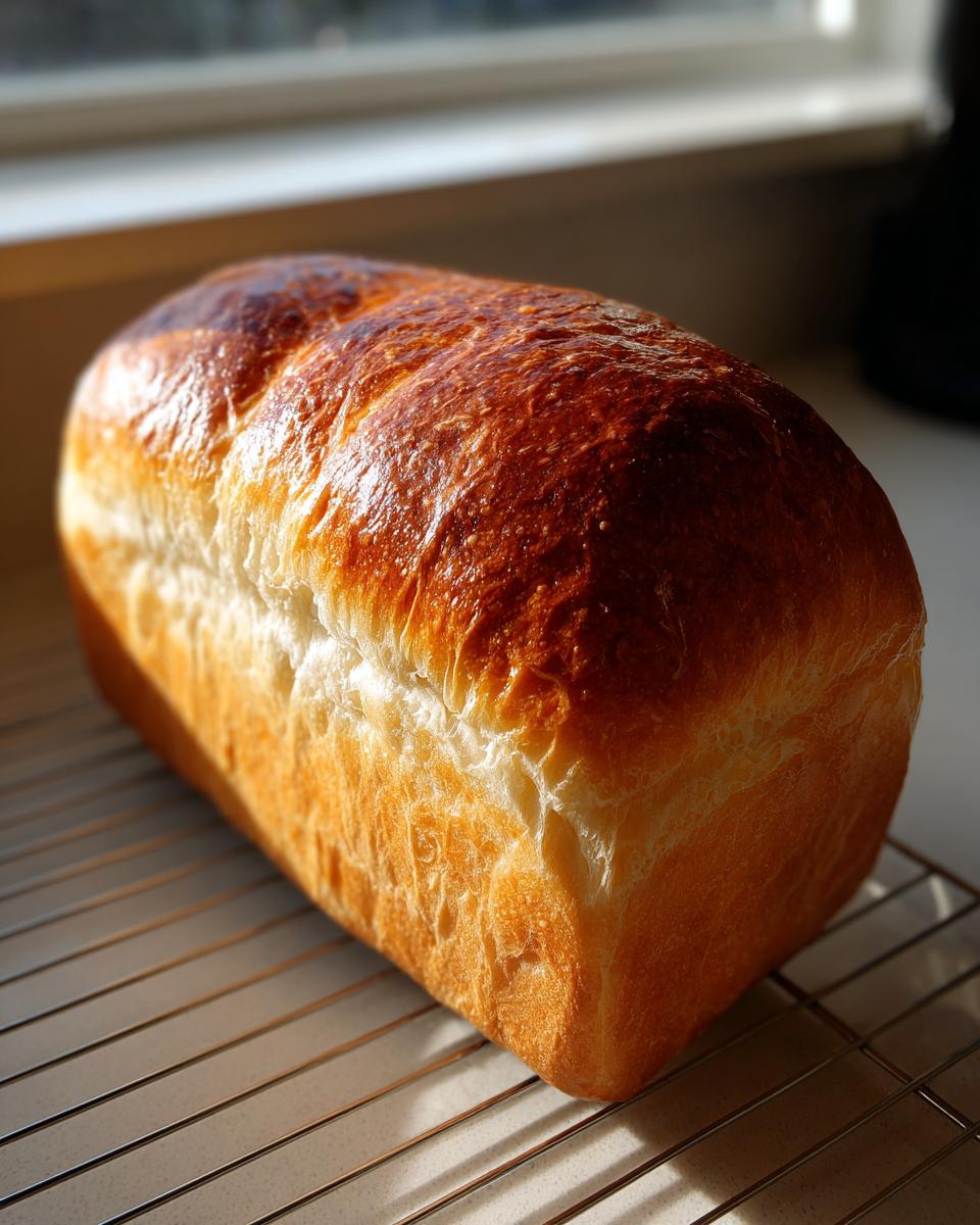 A golden brown, freshly baked loaf of japanese milk bread resting on a wire cooling rack indoors.
