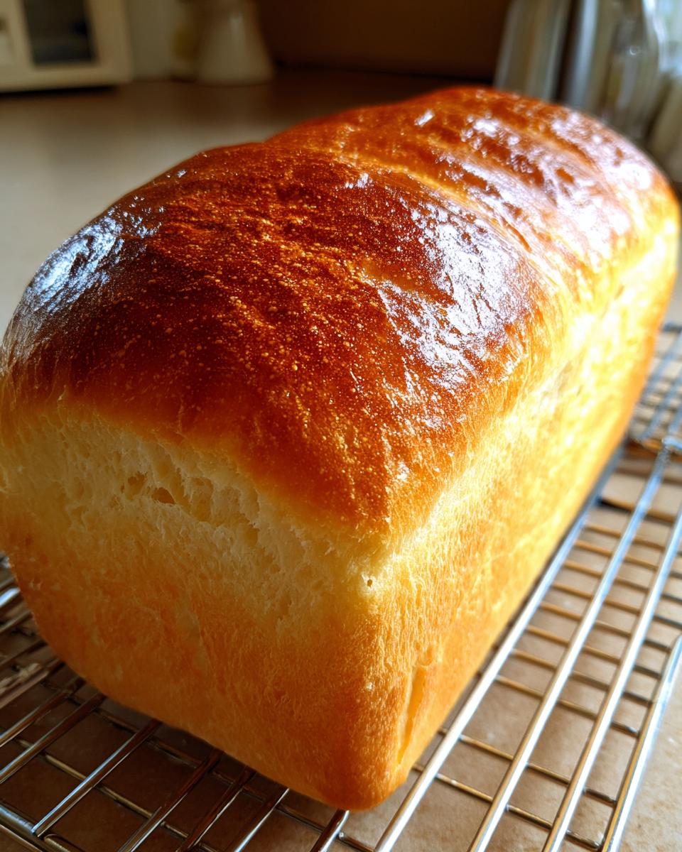 A perfectly baked loaf of golden brown japanese milk bread cooling on a wire rack.