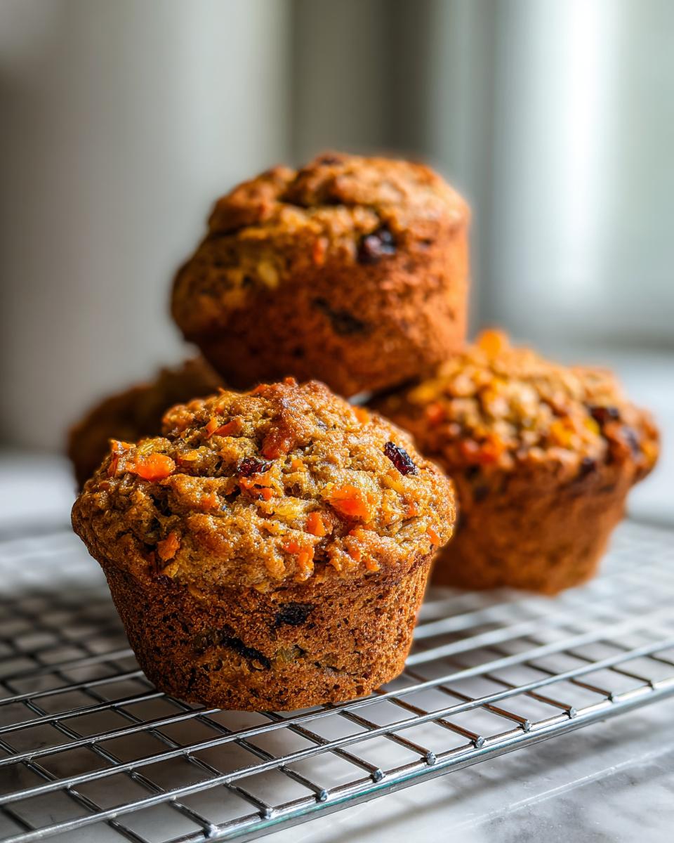 Close-up of several freshly baked morning glory muffins cooling on a wire rack, showing visible carrots and raisins.