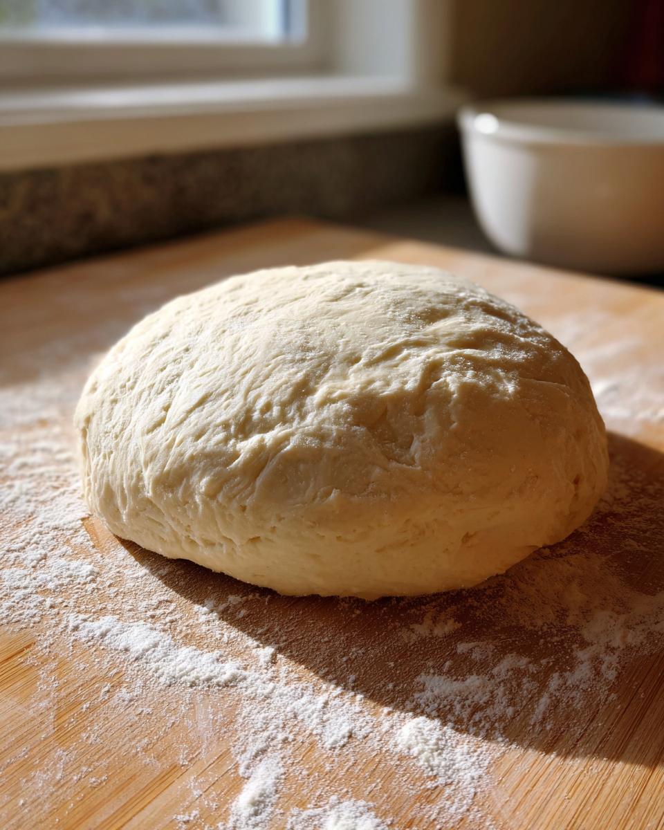 A smooth, round ball of freshly kneaded pizza dough resting on a floured wooden cutting board.