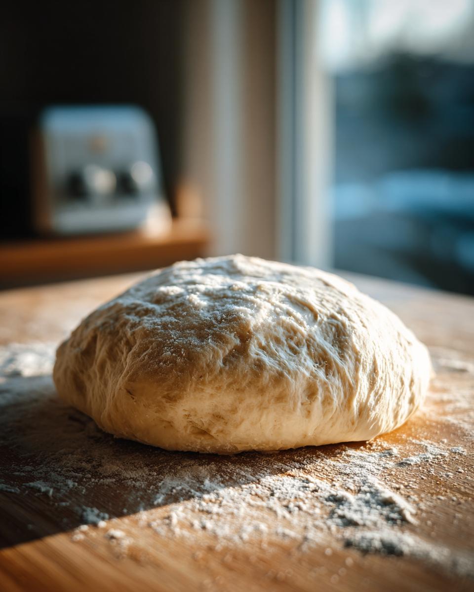A round, floured ball of freshly kneaded pizza dough resting on a wooden surface.