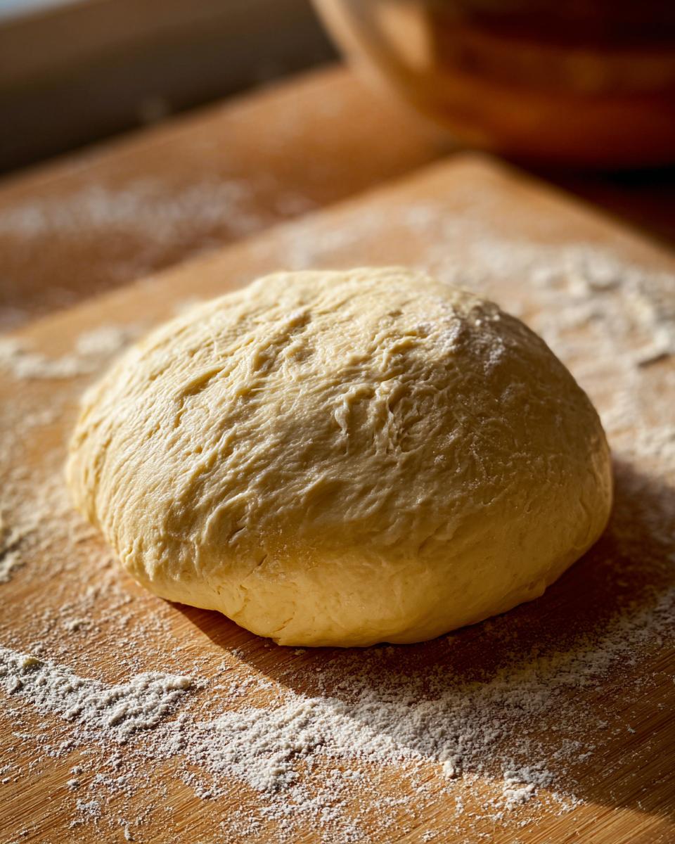 A smooth, round ball of freshly kneaded pizza dough resting on a floured wooden board.