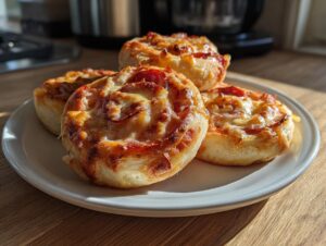 Four freshly baked, golden brown pizza pinwheels topped with melted cheese and pepperoni slices, served on a white plate.