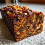 A close-up, enticing view of a dense, dark fruit cake recipe loaf topped with candied fruit and walnuts.