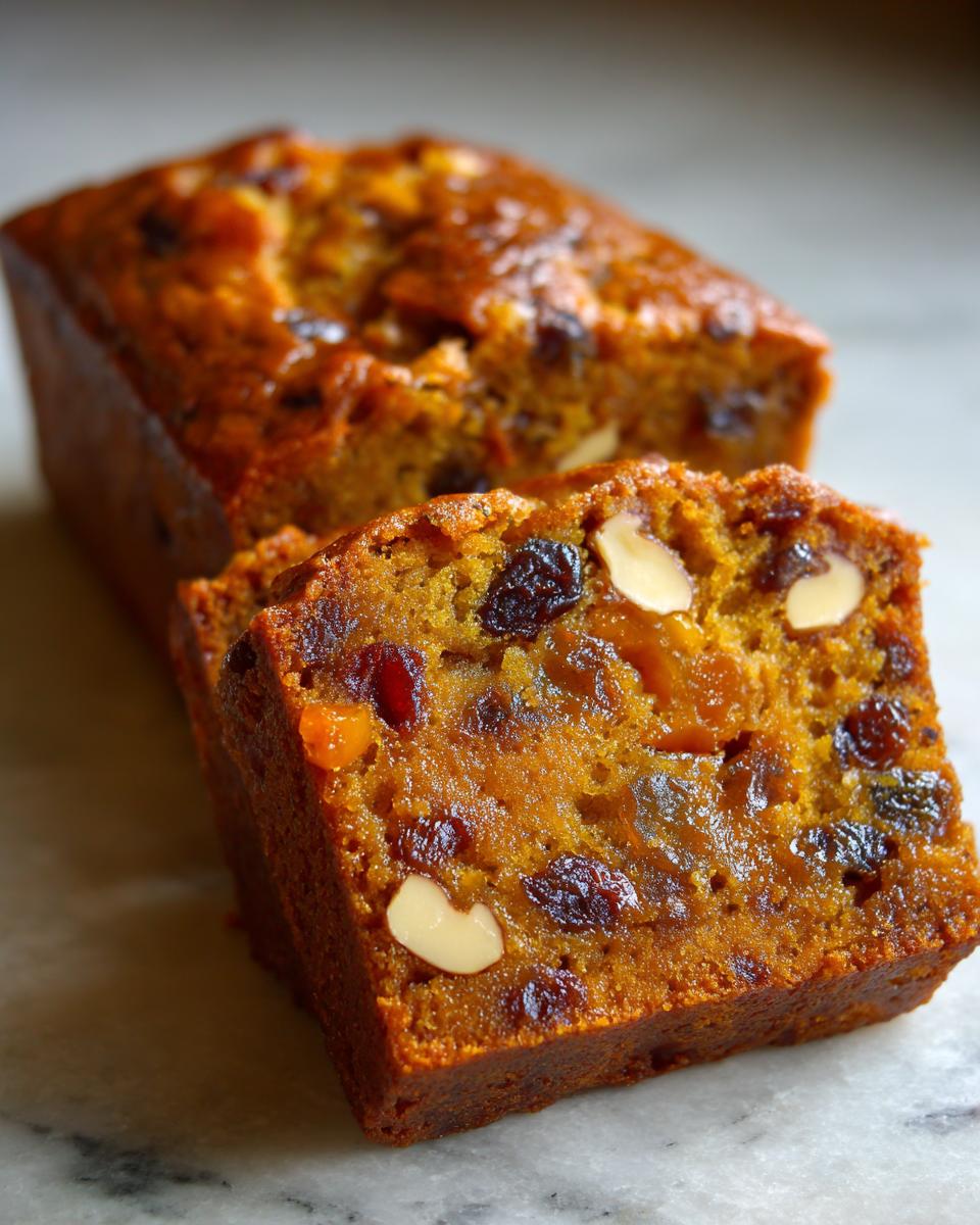 Close-up of a slice of rich, moist fruit cake recipe packed with raisins, dried apricots, and slivered almonds.