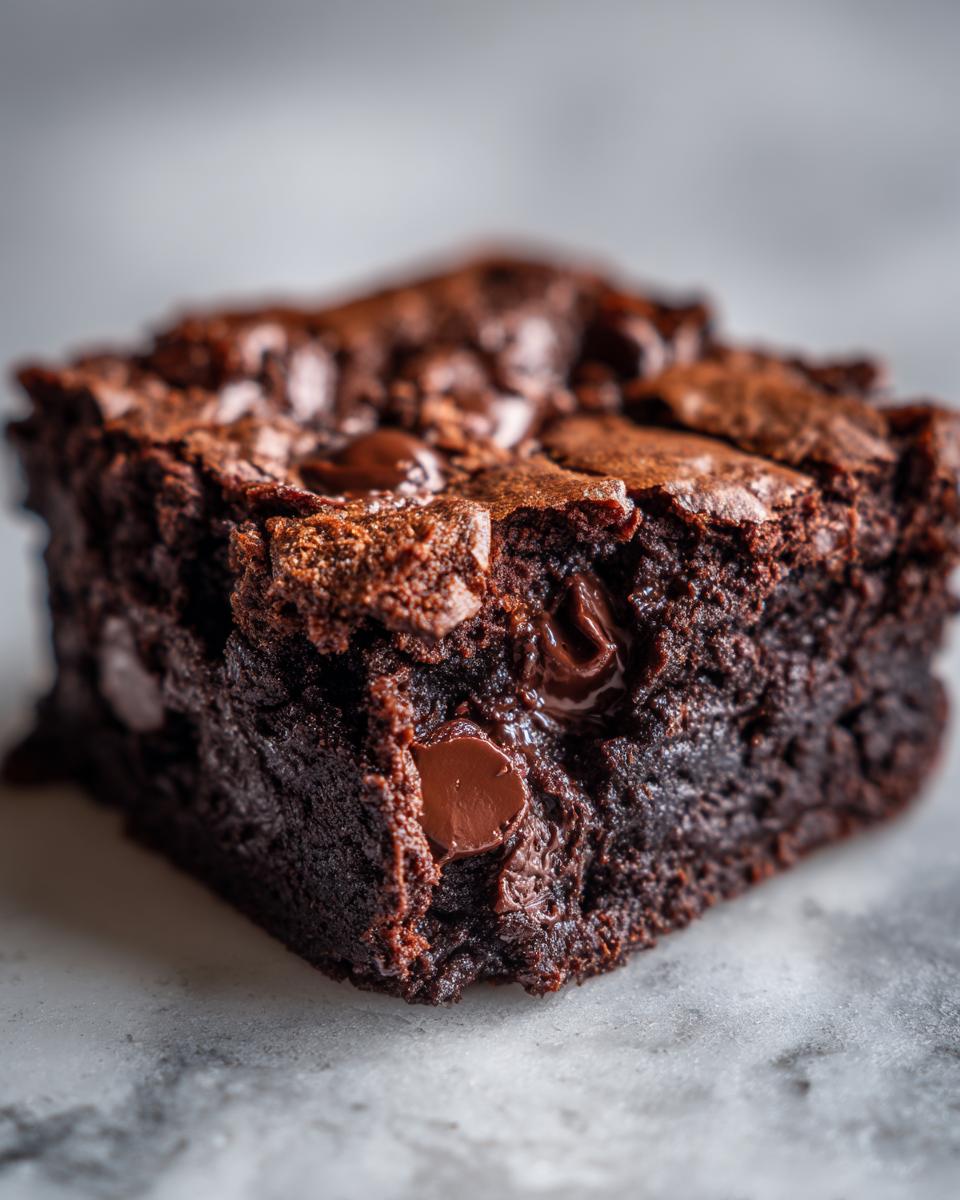 A close-up, macro shot of a rich, fudgy square of black bean brownies studded with melted chocolate chips.
