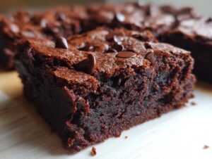Close-up of a rich, fudgy slice of black bean brownies topped with melted chocolate chips.