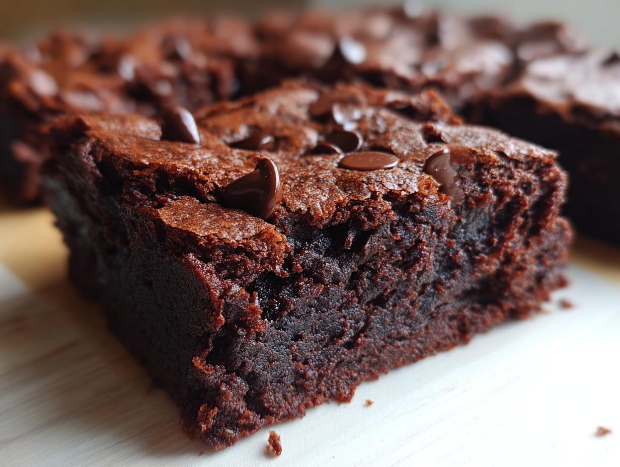 Close-up of a rich, fudgy slice of black bean brownies topped with melted chocolate chips.