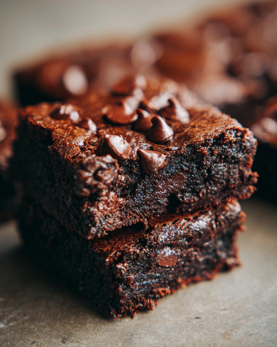 Close-up of two stacked, fudgy black bean brownies topped generously with melted chocolate chips.