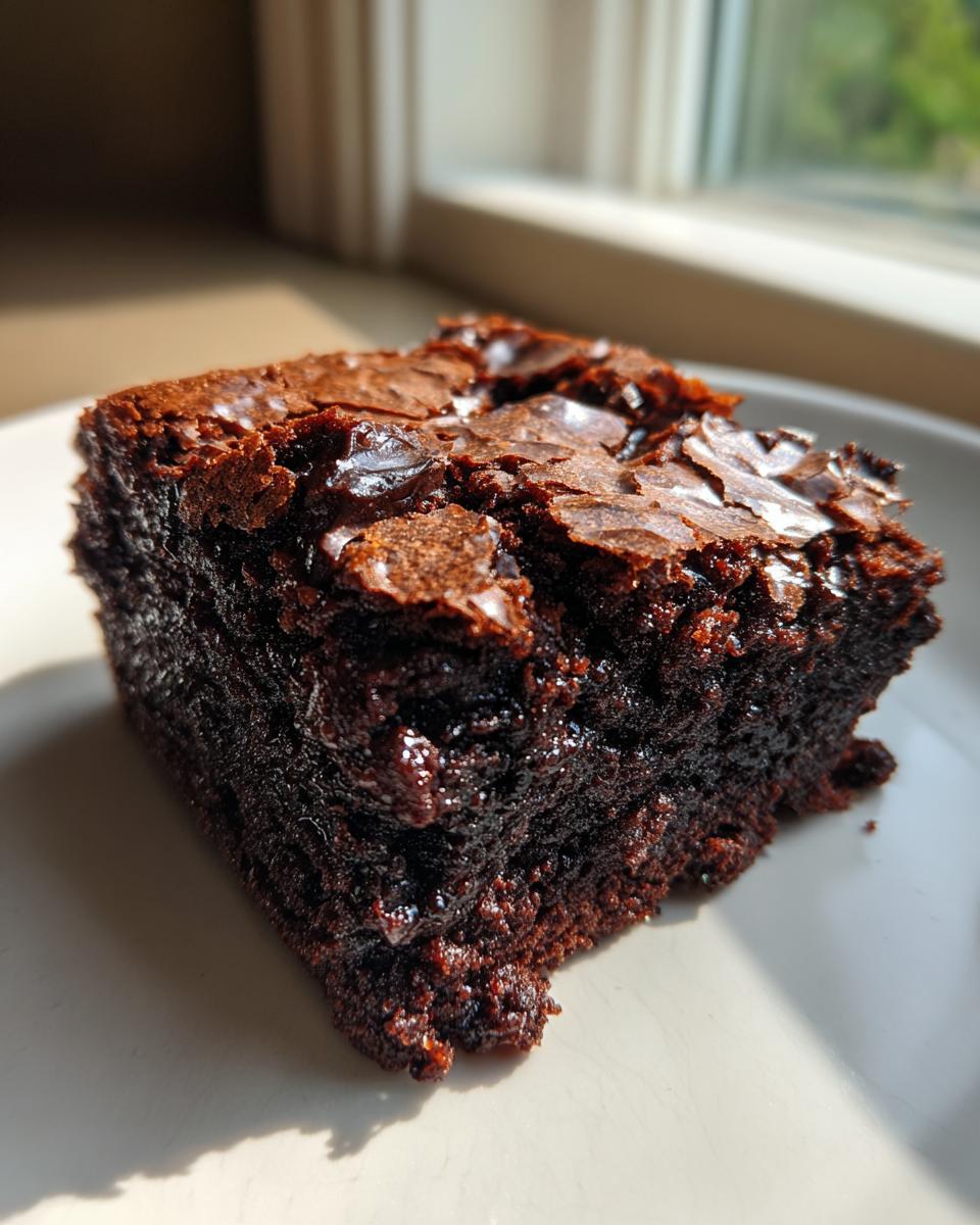 Close-up of a rich, fudgy brownies square showing a shiny, cracked top crust.