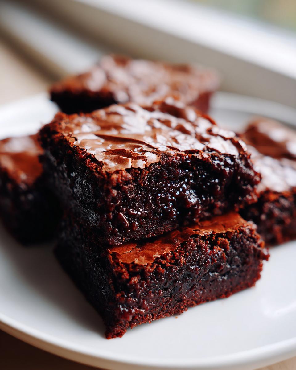 Close-up of fudgy, decadent brownies stacked on a white plate, showing their shiny, cracked tops.