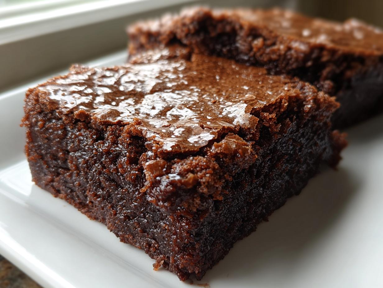 A close-up of a rich, fudgy piece of brownies showing a shiny, crackled top layer.
