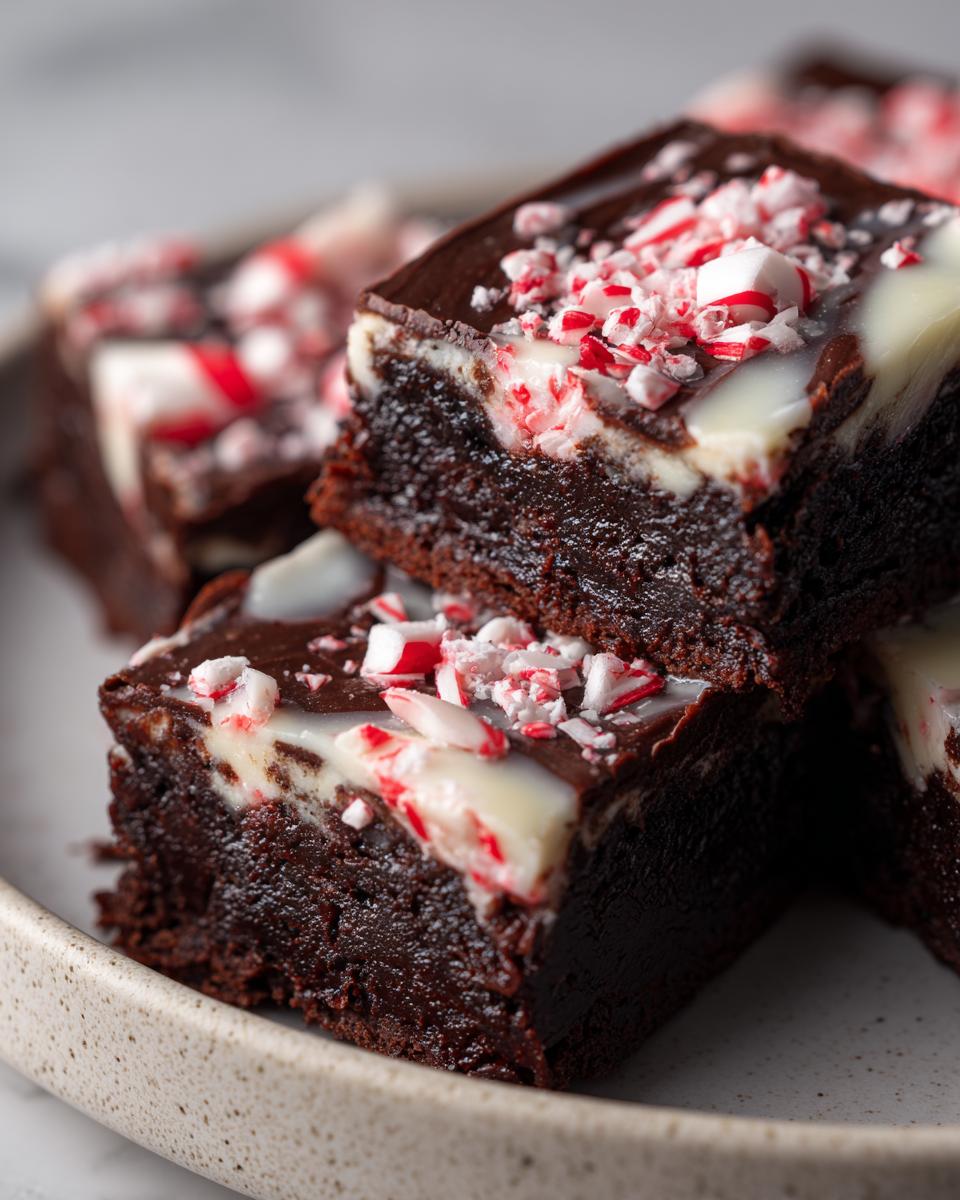 Close-up of fudgy candy cane brownies topped with white chocolate swirl and crushed candy canes.
