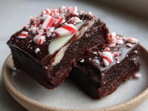 Two fudgy candy cane brownies stacked slightly, topped with chocolate ganache and crushed peppermint candy.