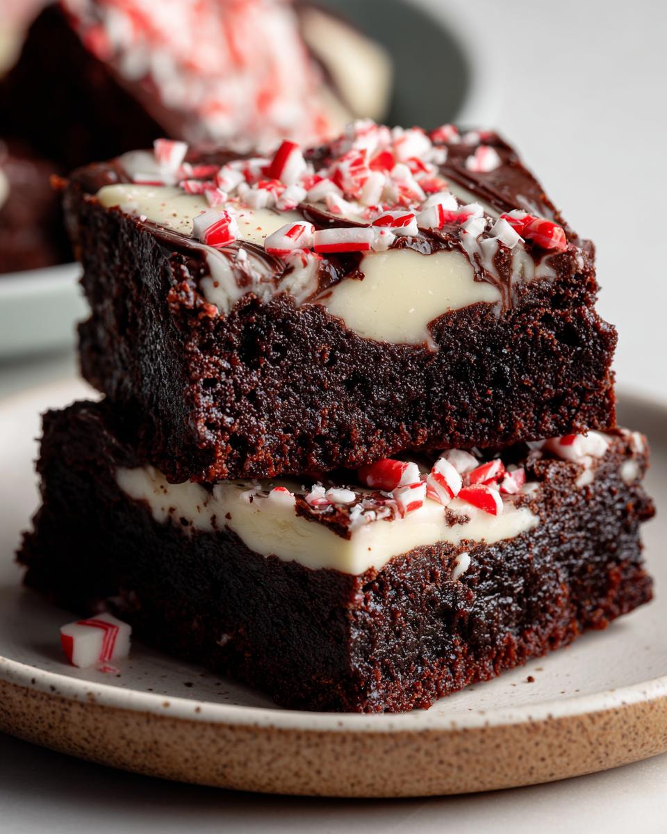 Two fudgy candy cane brownies stacked, featuring white chocolate swirl and crushed peppermint topping.