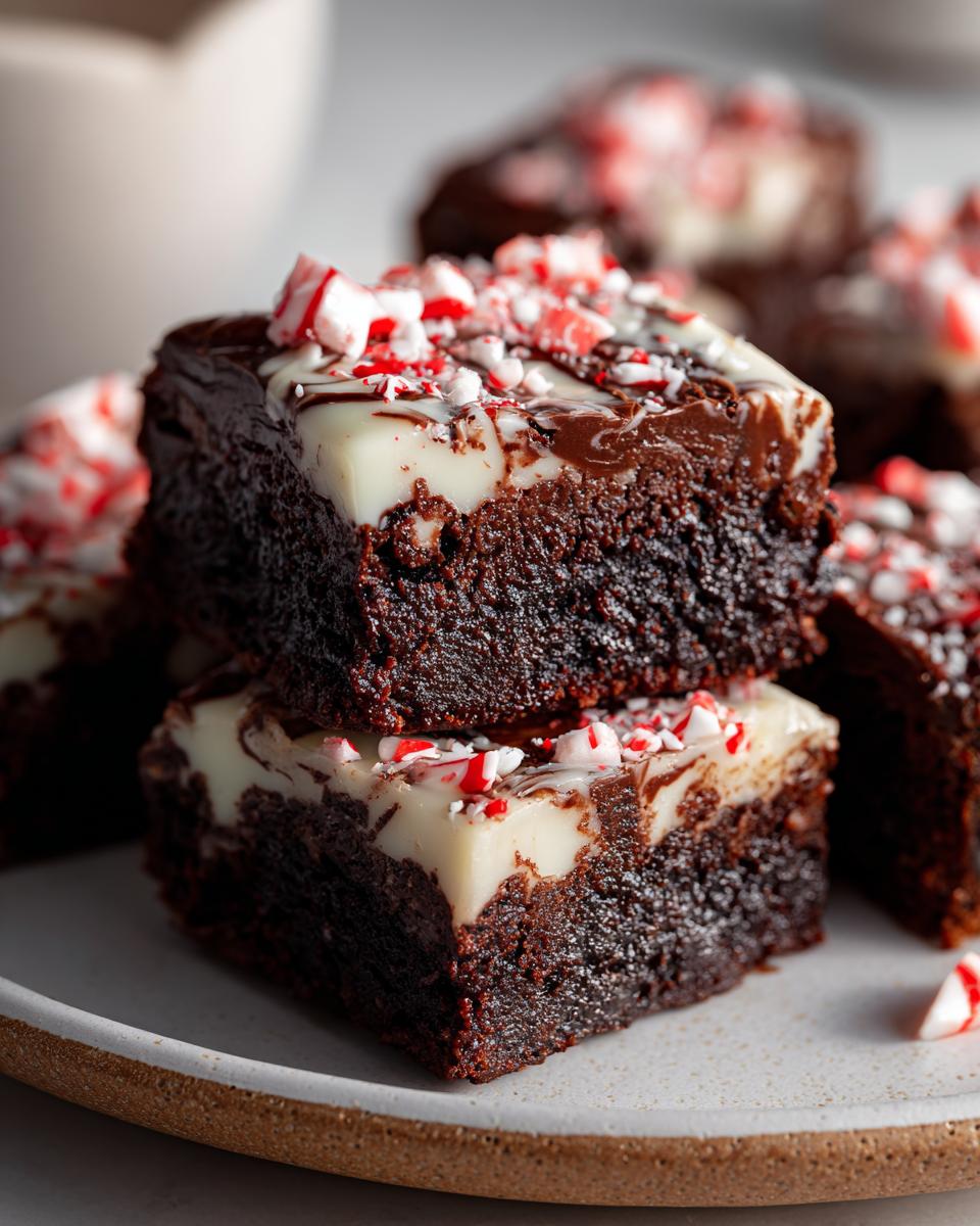 Two fudgy candy cane brownies stacked, topped with white chocolate swirl and crushed candy canes.