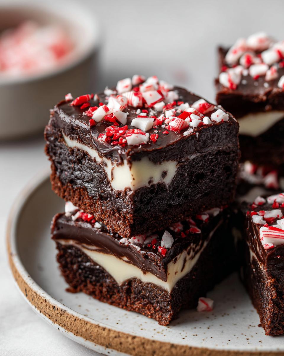 Two stacked, fudgy candy cane brownies featuring a white cream cheese layer and topped with crushed peppermint candy.
