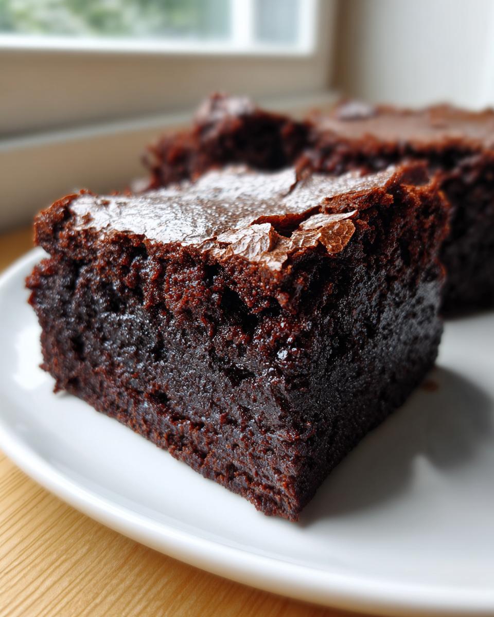 A close-up shot of a rich, fudgy square of chocolate brownies resting on a white plate.