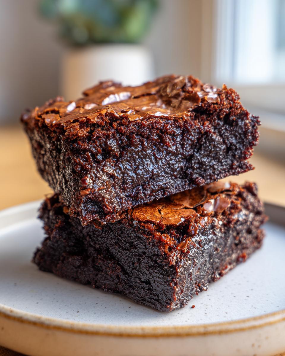 Two rich, fudgy brownies stacked on a light plate, showing a shiny, crackled top.