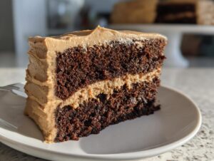 Close-up of a moist slice of dark gingerbread latte cake layered with light brown coffee frosting.