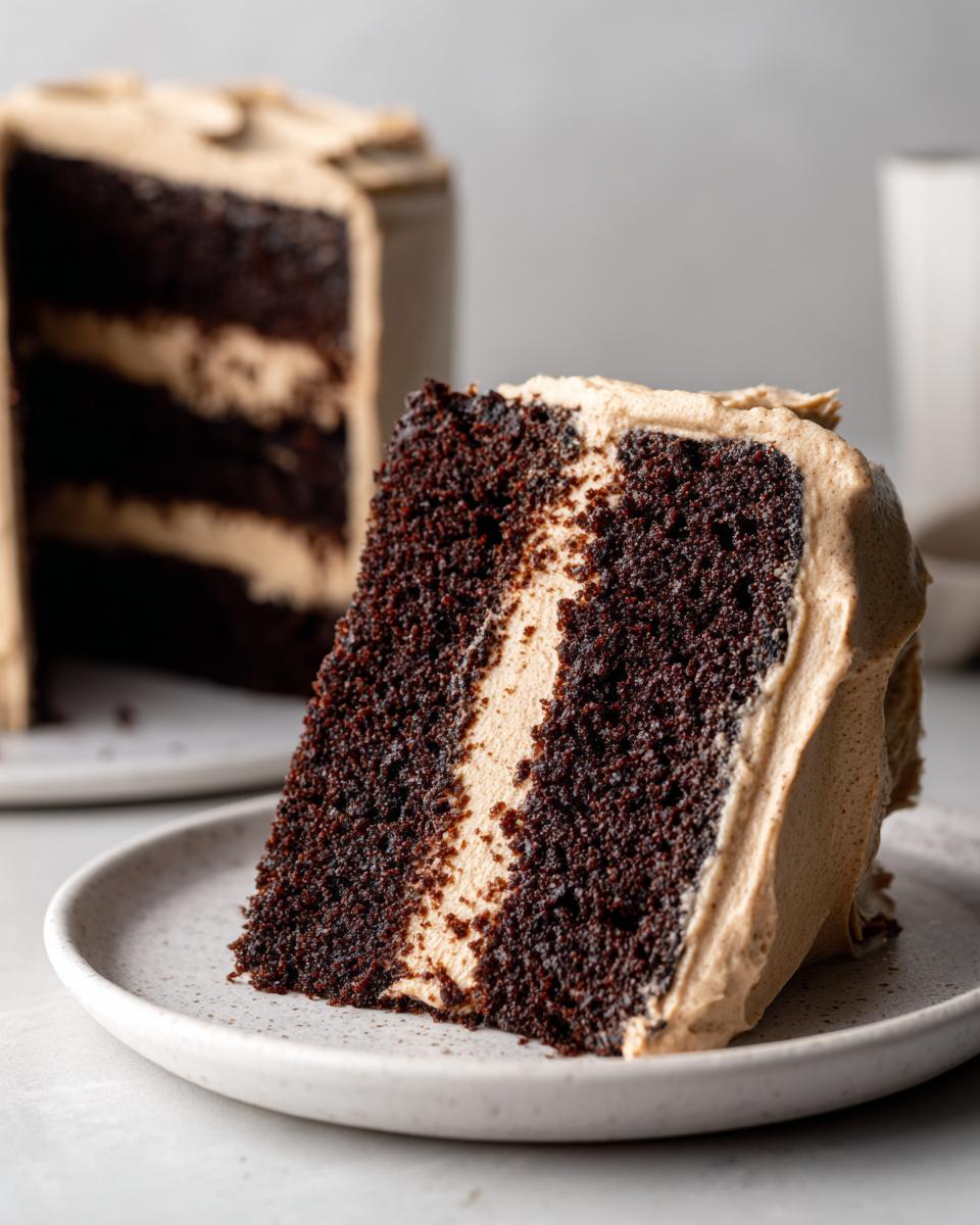 Close-up of a rich slice of gingerbread latte cake showing dark chocolate layers and light brown coffee-flavored filling.