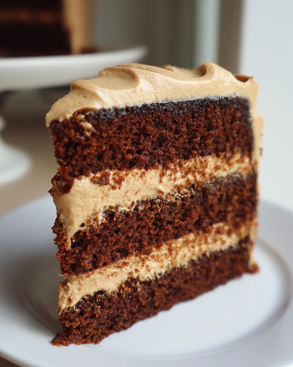 Close-up of a rich slice of gingerbread latte cake with three dark layers and light brown coffee frosting.