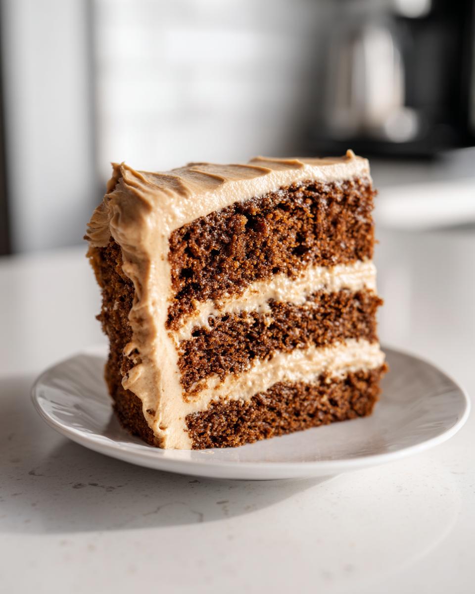 A tall, moist slice of gingerbread latte cake featuring three dark layers separated by light brown coffee frosting.