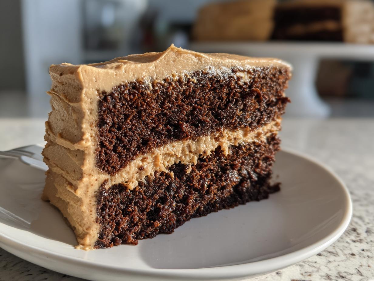 Close-up of a moist slice of dark gingerbread latte cake layered with light brown coffee frosting.