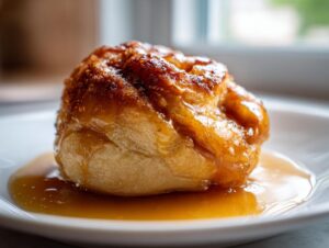 Close-up of a golden brown, glazed apple dumpling sitting in a pool of caramel sauce on a white plate.