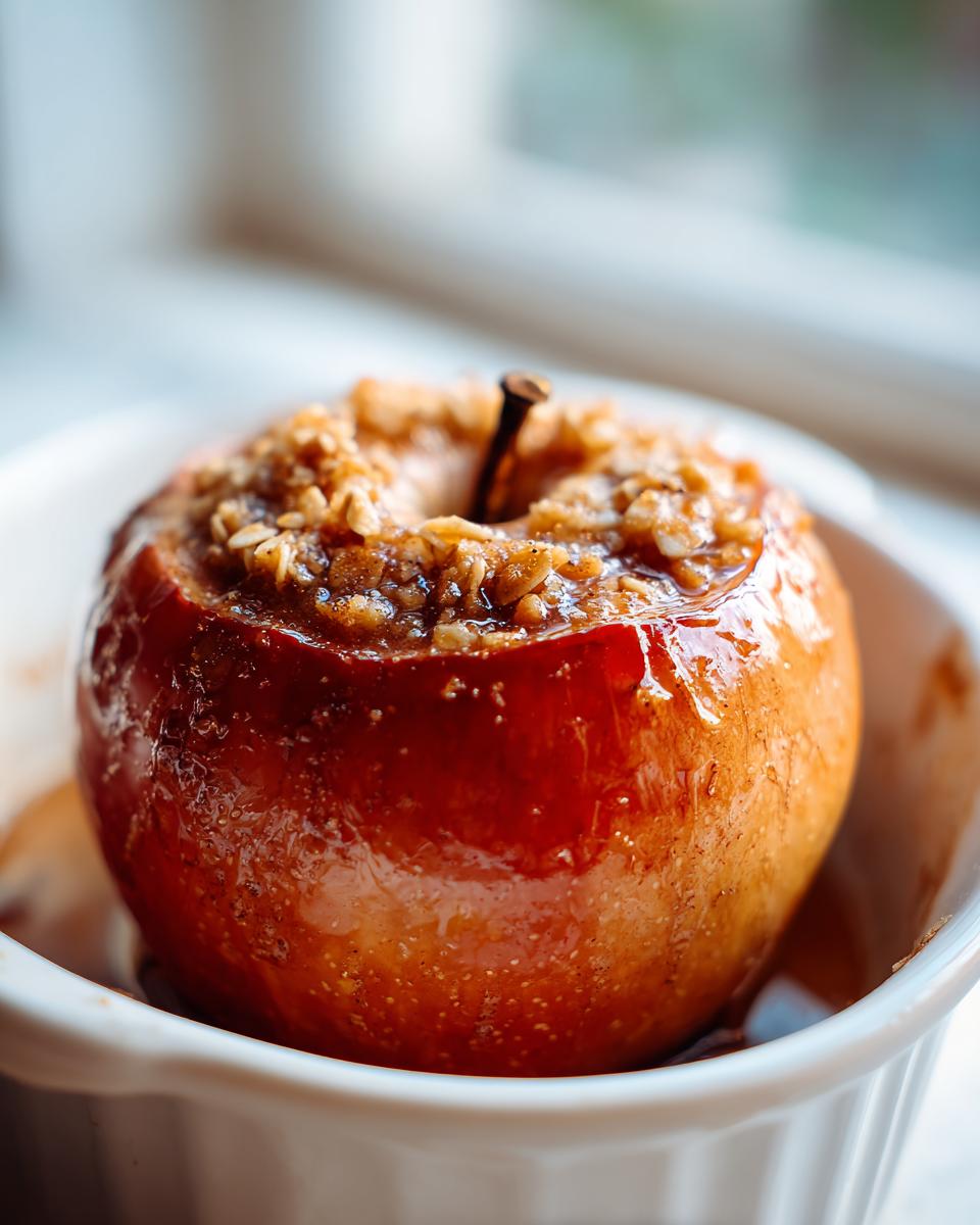 Close-up of a glistening, caramelized baked apple with a brown sugar and oat crumble filling, served in a white ramekin.