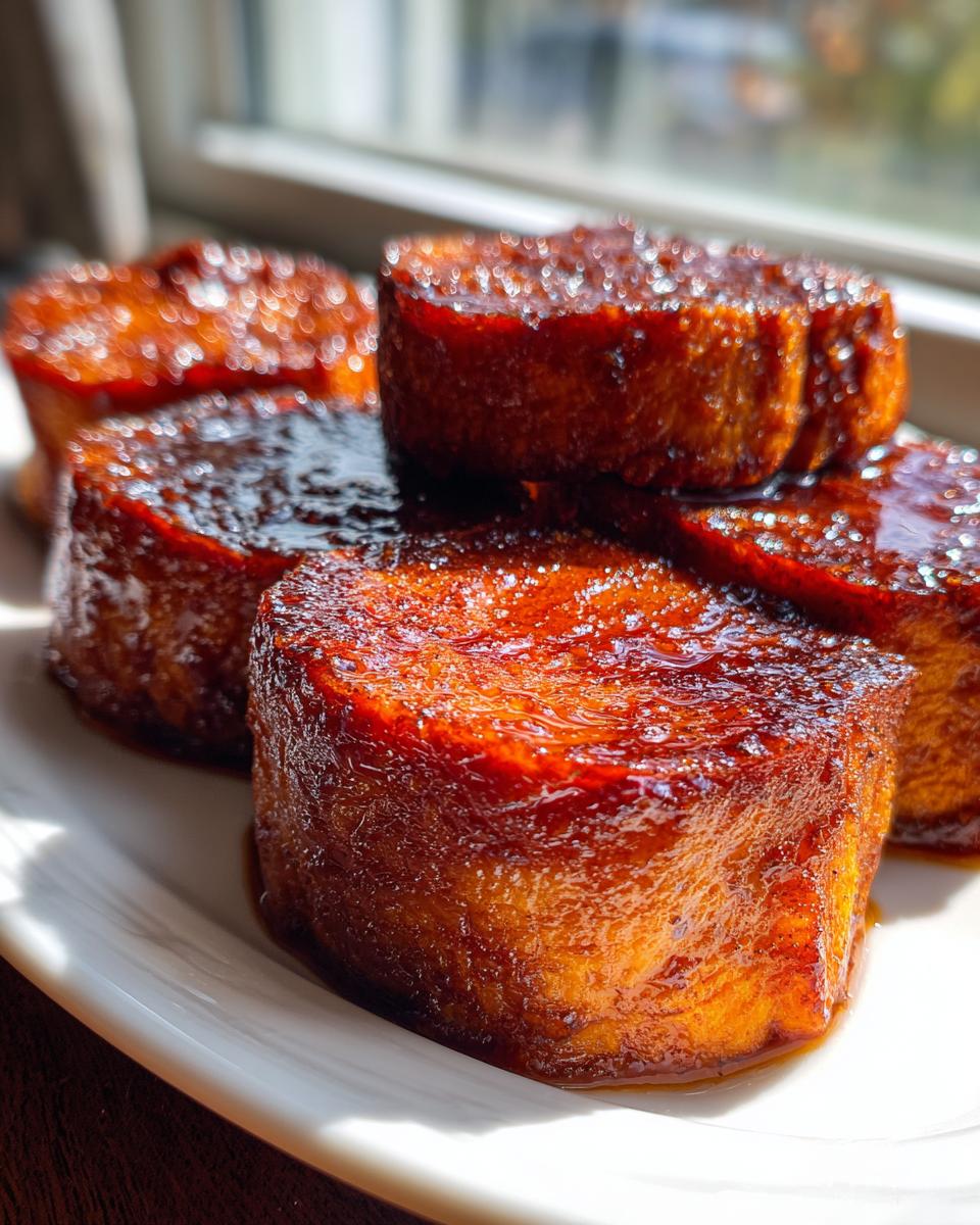 Several thick, round slices of candied sweet potatoes covered in a rich, shiny glaze, ready to serve.