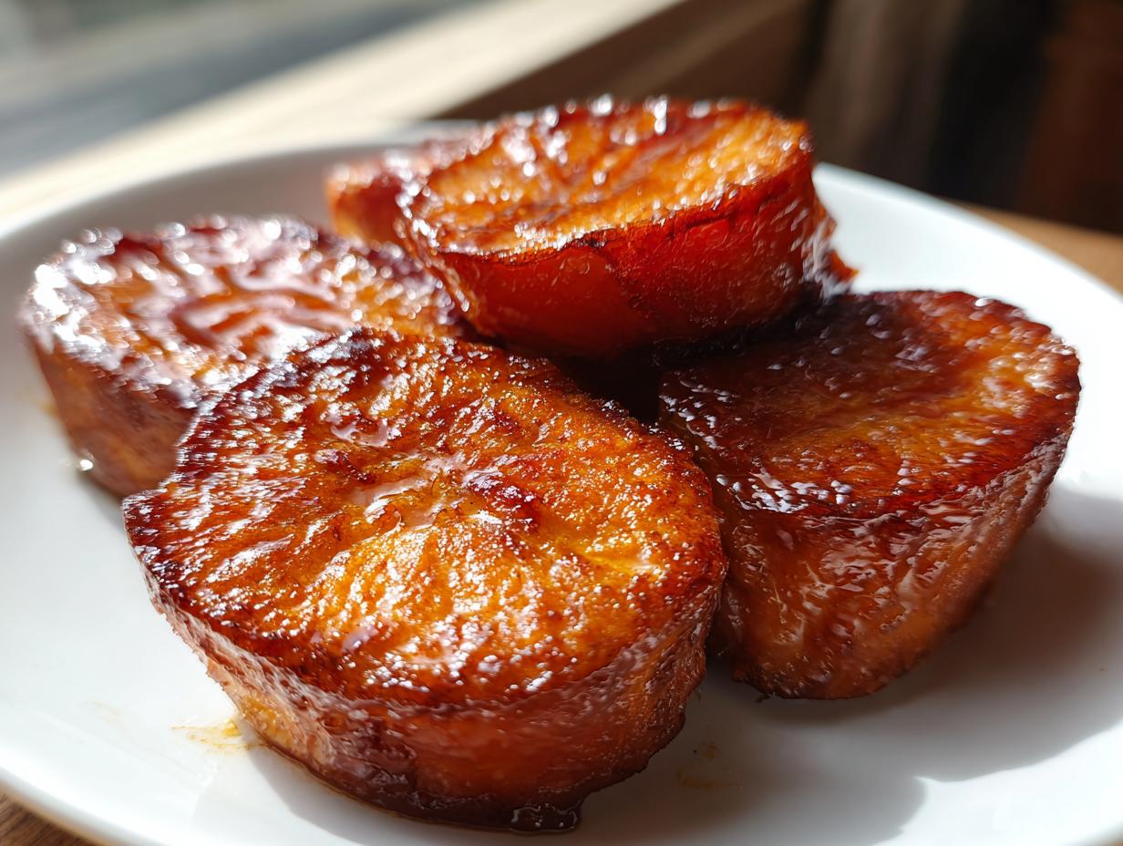 Four thick slices of candied sweet potatoes glistening with a rich, dark glaze on a white plate.
