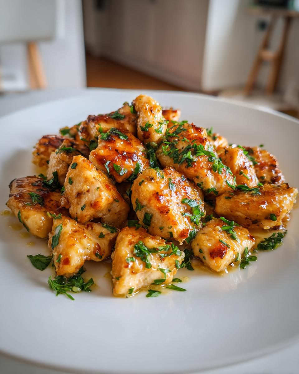 A pile of golden brown, glazed chicken bites topped with fresh chopped parsley on a white plate.