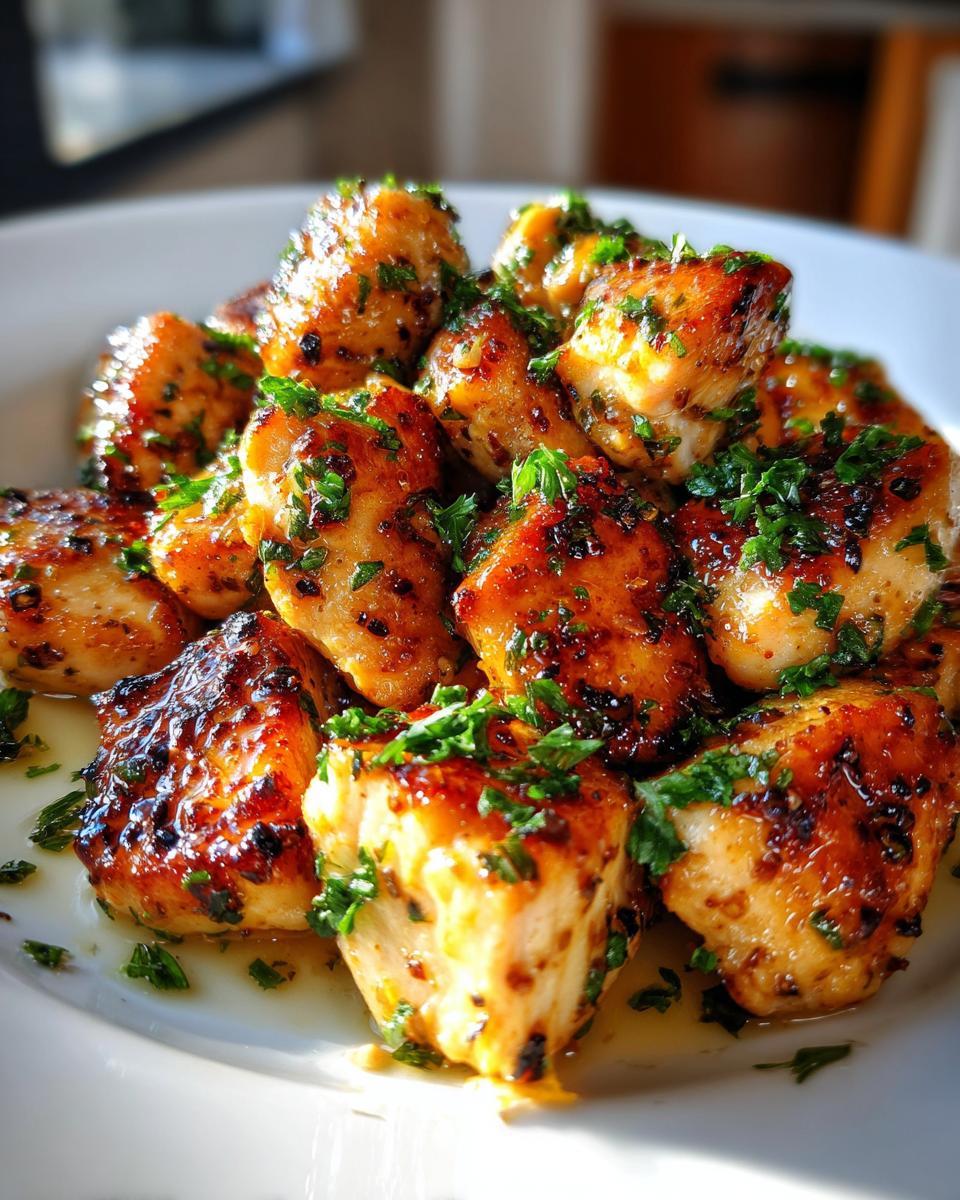 Close-up of golden brown, glazed chicken bites topped with fresh chopped parsley.