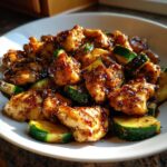 Close-up of glistening chicken zucchini stir fry pieces coated in a dark, savory sauce, served in a white bowl.