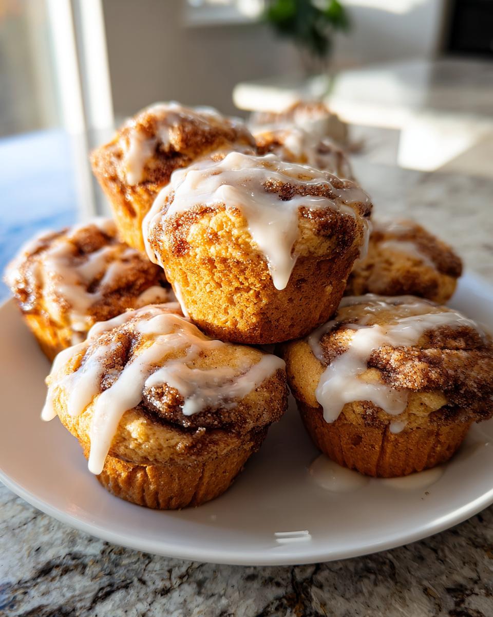 A close-up stack of freshly baked cinnamon roll muffins topped with dripping white icing.