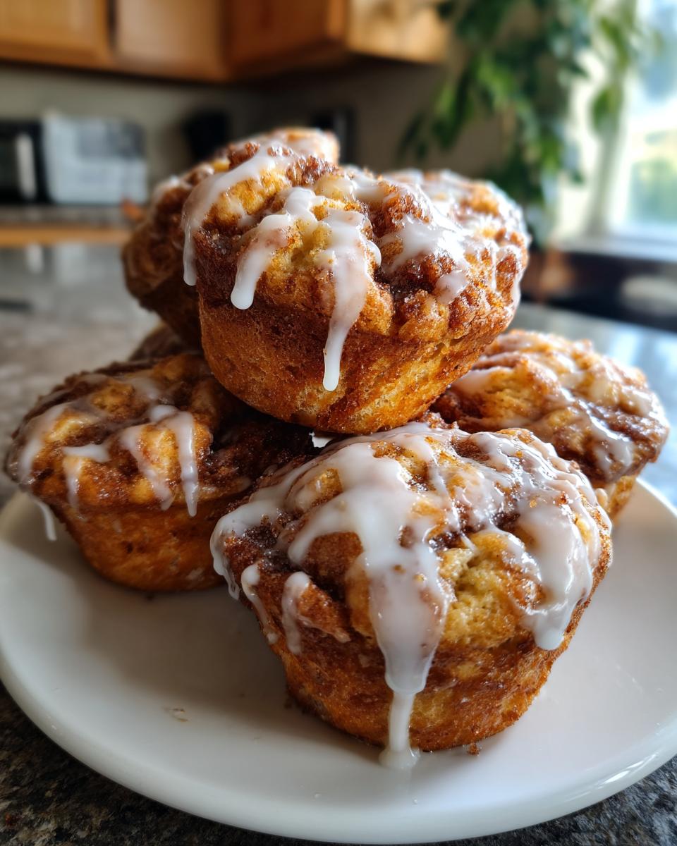 A close-up of several delicious cinnamon roll muffins stacked on a white plate, drizzled with white icing.