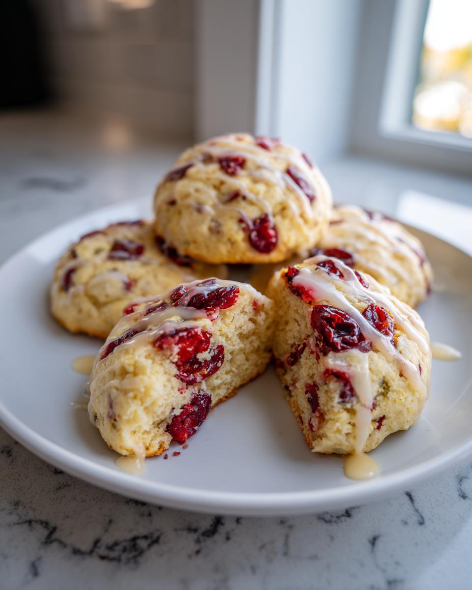 A plate of freshly baked cranberry orange cookies, one split open showing bright red cranberries and drizzled with orange glaze.