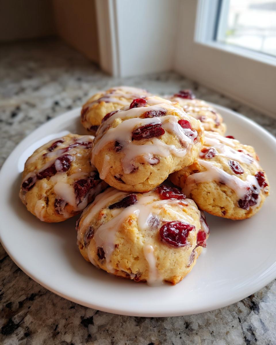 A stack of freshly baked cranberry orange cookies drizzled with a white glaze, resting on a white plate.