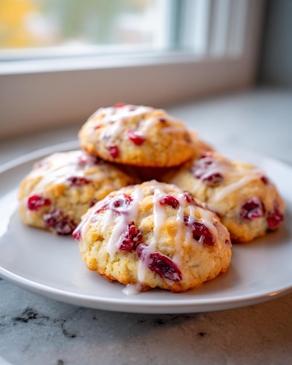 A stack of five freshly baked cranberry orange cookies drizzled with white glaze, resting on a white plate.