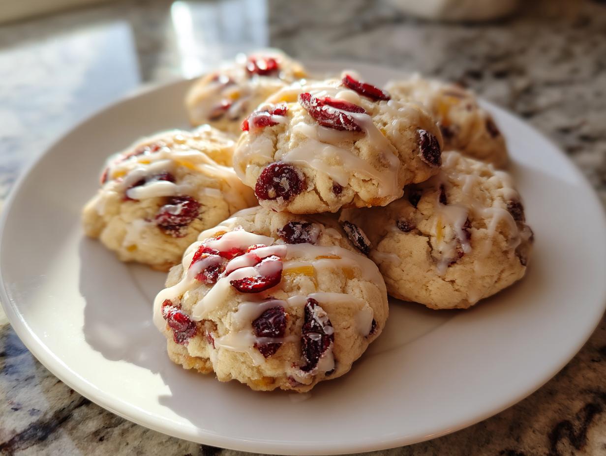 A stack of freshly baked cranberry orange cookies drizzled with white glaze, sitting on a white plate.