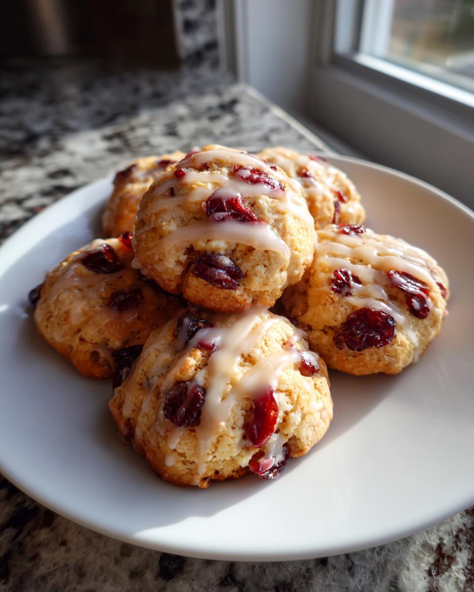 A stack of five freshly baked cranberry orange cookies drizzled with white glaze, resting on a white plate near a window.