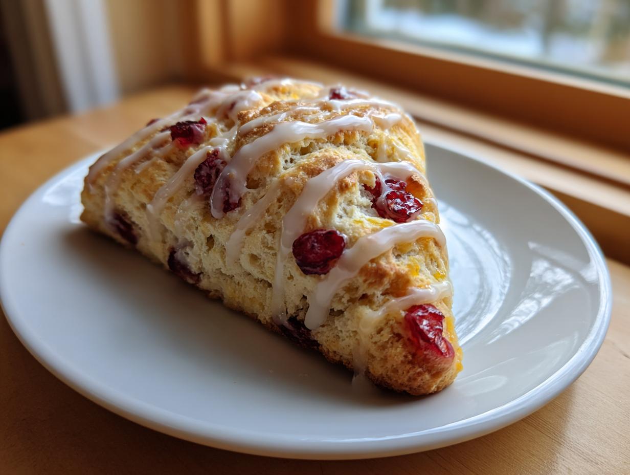 A single, triangular cranberry orange scone drizzled with white glaze, resting on a white plate near a window.