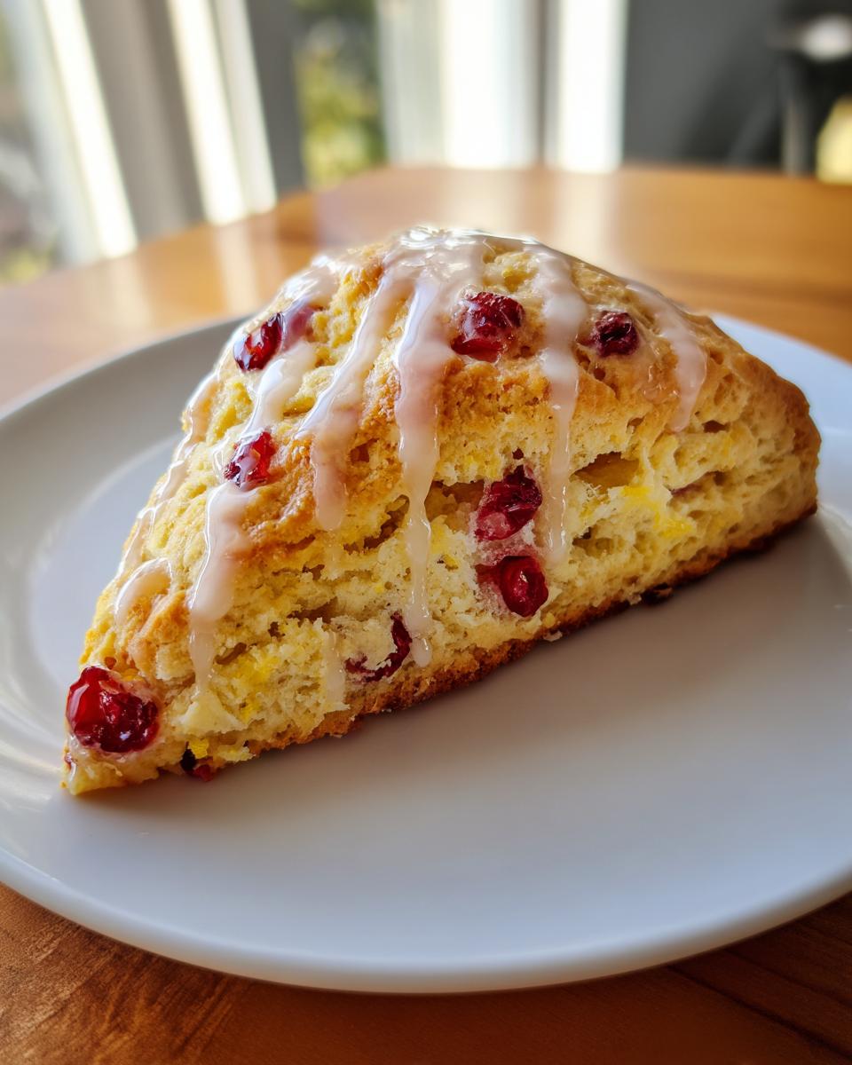 A close-up of a freshly baked cranberry orange scone, drizzled with white glaze, sitting on a white plate.