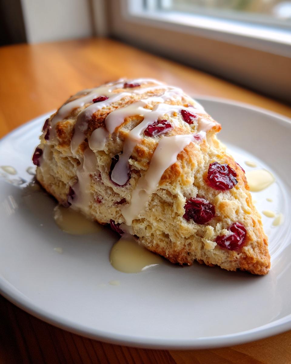 A single, triangular cranberry orange scone drizzled generously with white glaze, resting on a white plate.