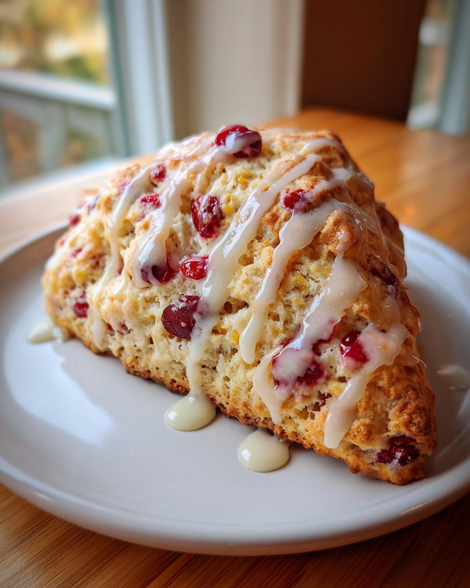 A single, triangular cranberry orange scone drizzled generously with white glaze, sitting on a white plate.