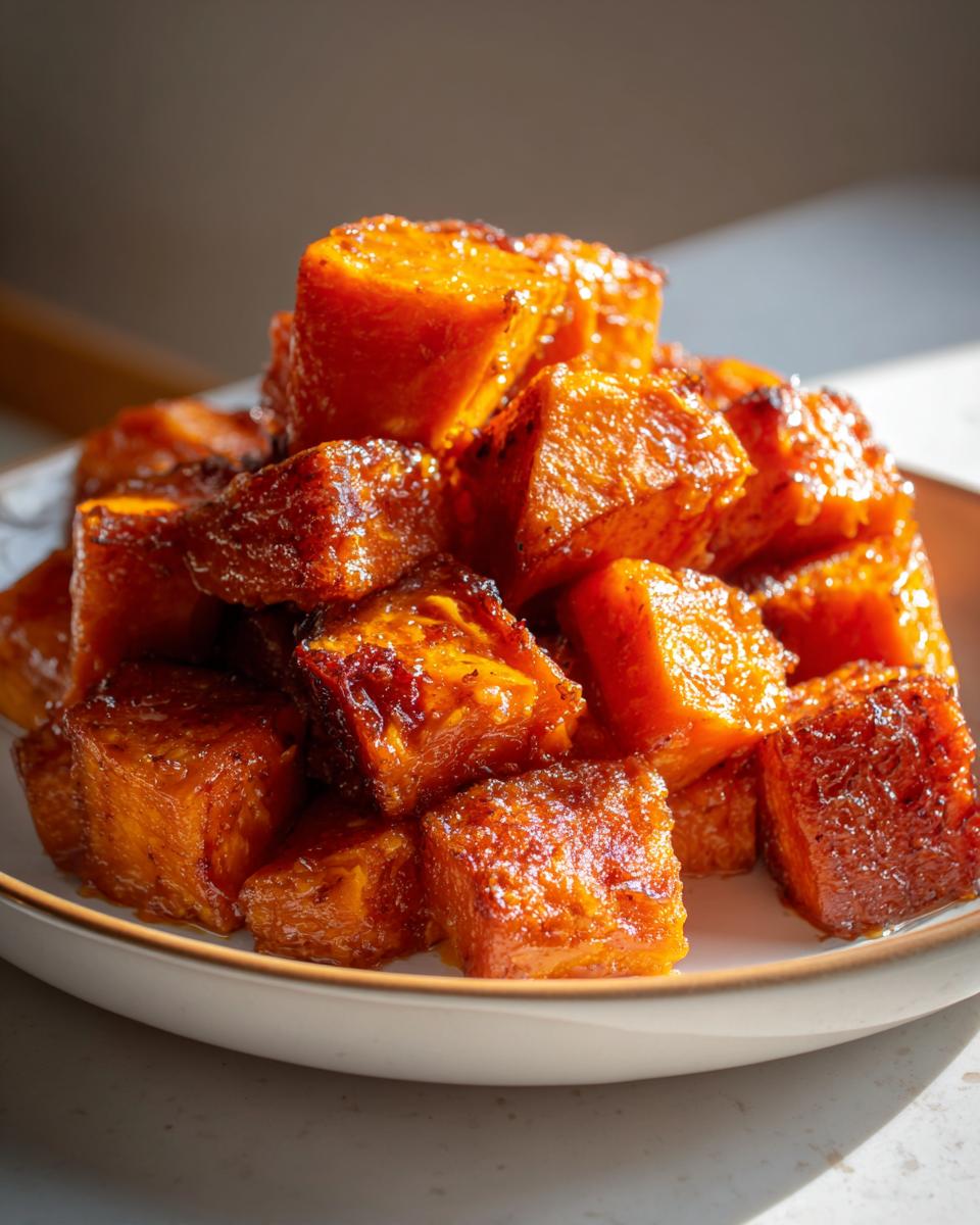 Close-up of a mound of caramelized, glazed sweet potatoes cubes piled high on a white plate.